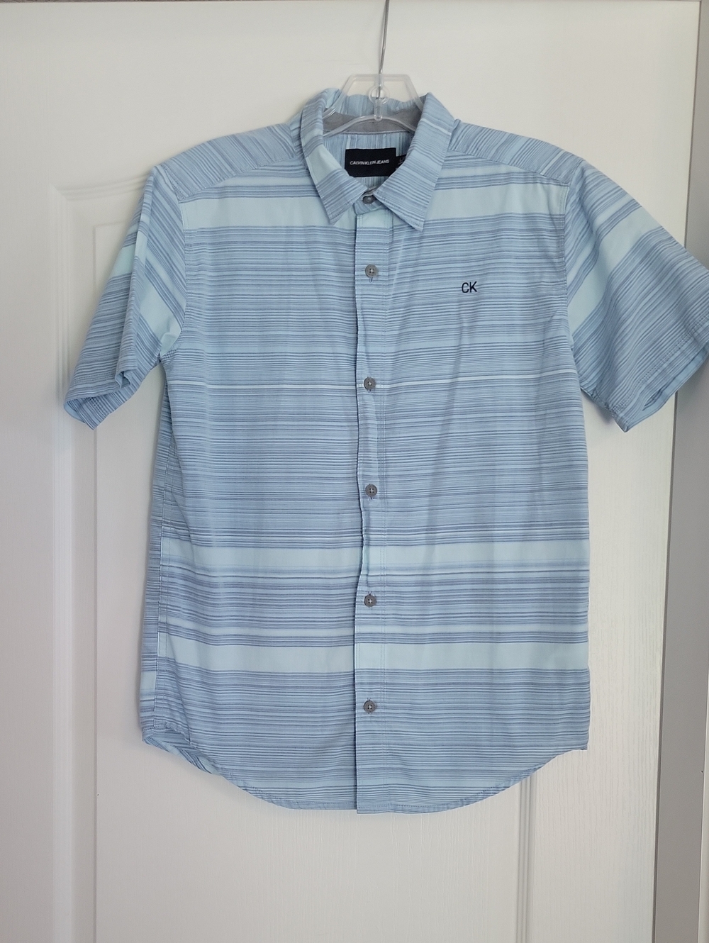Calvin Klein Light Blue Striped Short-Sleeve Button-Down Shirt